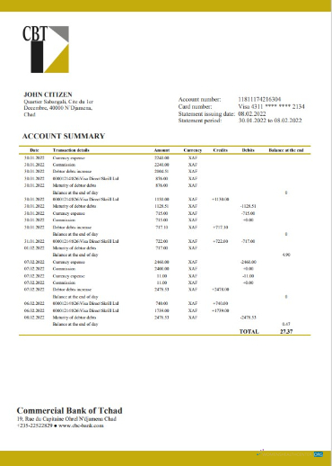 Download Chad Commercial Bank of Tchad bank statement word